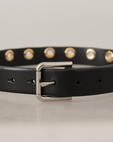 Dolce & Gabbana Black Leather Eyelet Silver Tone Metal Buckle Belt