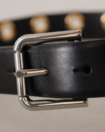 Dolce & Gabbana Black Leather Eyelet Silver Tone Metal Buckle Belt