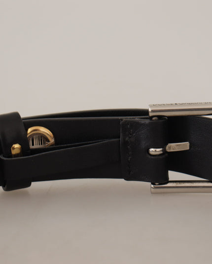 Dolce & Gabbana Black Leather Eyelet Silver Tone Metal Buckle Belt
