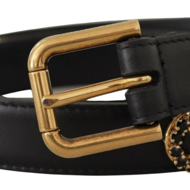 Dolce & Gabbana Black Leather Embellished Crystal Logo Belt