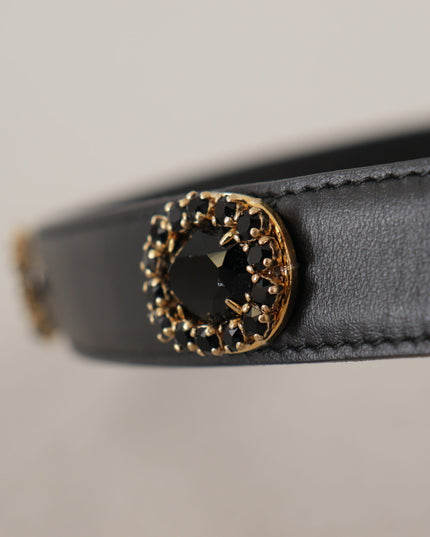 Dolce & Gabbana Black Leather Embellished Crystal Logo Belt