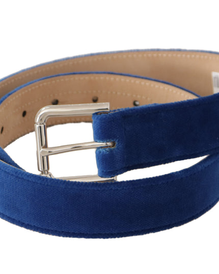 Dolce & Gabbana Blue Velvet Silver Logo Engraved Metal Buckle Belt