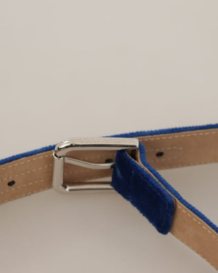 Dolce & Gabbana Blue Velvet Silver Logo Engraved Metal Buckle Belt