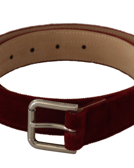 Dolce & Gabbana Red Velvet Silver Logo Engraved Metal Buckle Belt