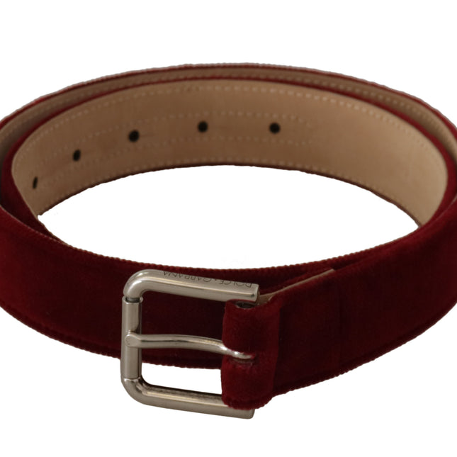 Dolce & Gabbana Red Velvet Silver Logo Engraved Metal Buckle Belt