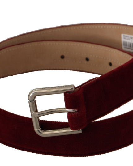 Dolce & Gabbana Red Velvet Silver Logo Engraved Metal Buckle Belt