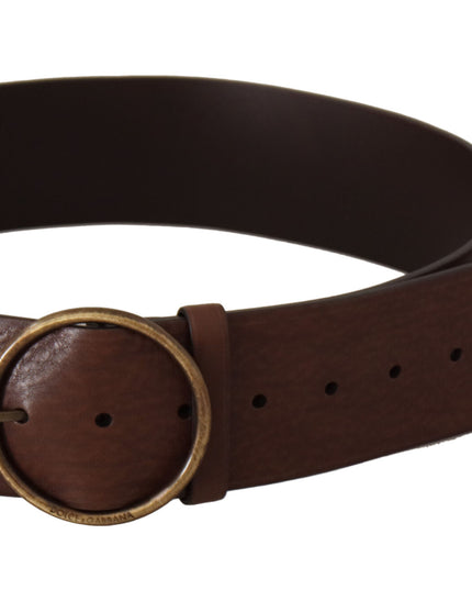 Dolce & Gabbana Brown Leather Wide Waist Logo Metal Round Buckle Belt