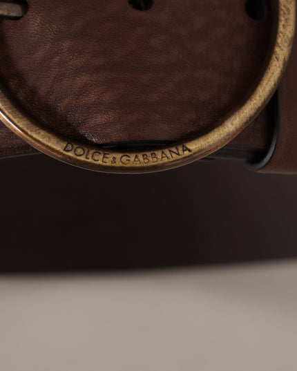 Dolce & Gabbana Brown Leather Wide Waist Logo Metal Round Buckle Belt