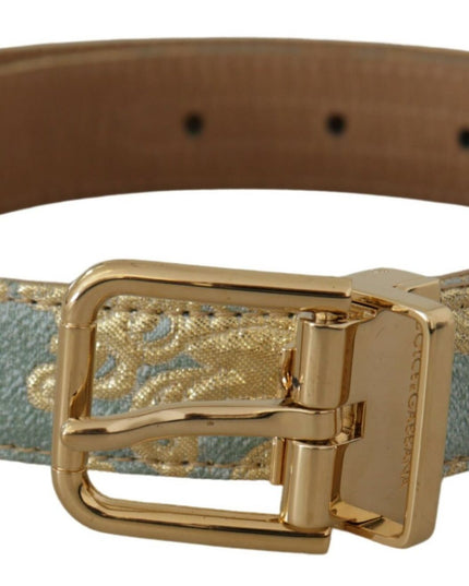 Dolce & Gabbana Blue Leather Jacquard Embossed Gold Metal Buckle Belt