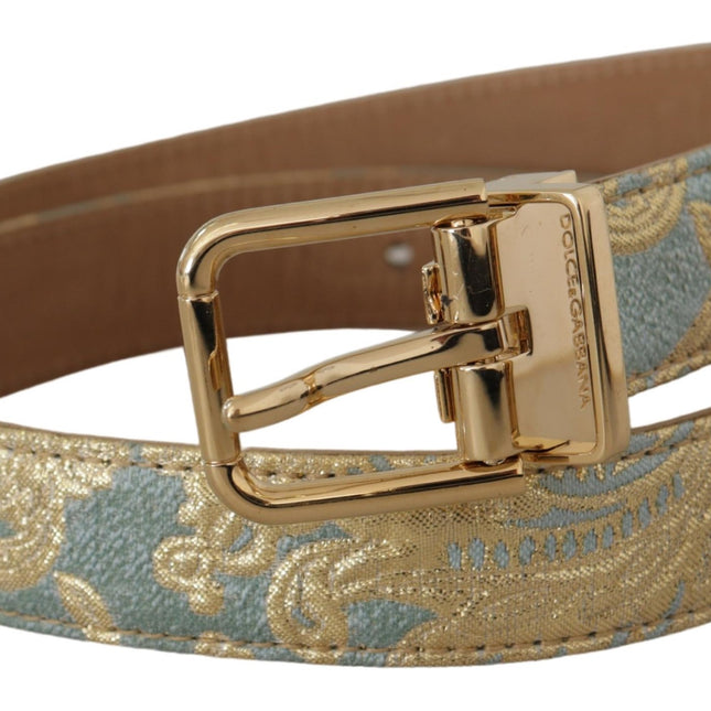 Dolce & Gabbana Blue Leather Jacquard Embossed Gold Metal Buckle Belt