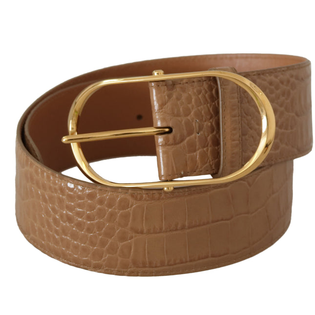 Dolce & Gabbana Brown Beige Leather Gold Metal Oval Buckle Belt