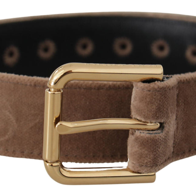 Dolce & Gabbana Light Brown Velvet Gold Tone Logo Metal Buckle Belt