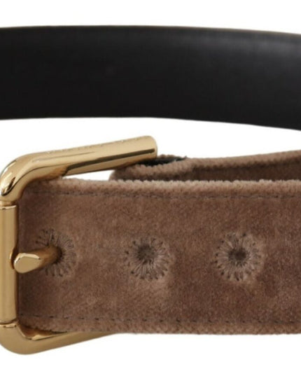 Dolce & Gabbana Light Brown Velvet Gold Tone Logo Metal Buckle Belt