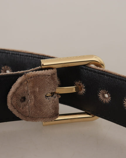 Dolce & Gabbana Light Brown Velvet Gold Tone Logo Metal Buckle Belt
