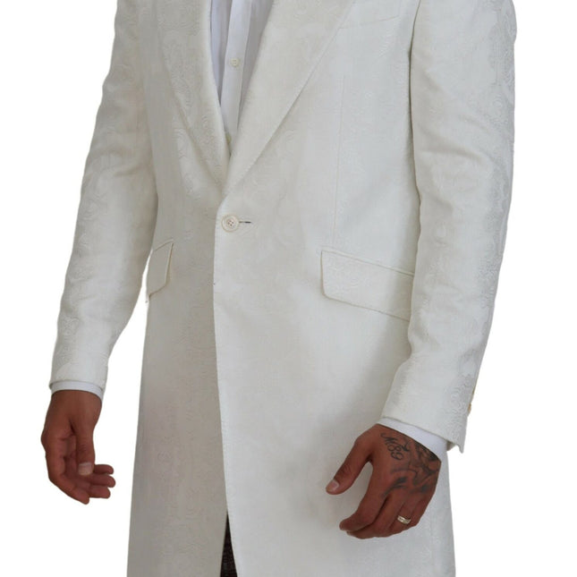 Dolce & Gabbana White Floral Brocade Trench Coat Jacket