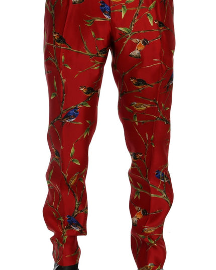 Dolce & Gabbana Red Silk Bird Print Dress Pants