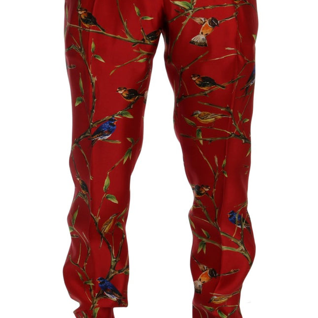 Dolce & Gabbana Red Silk Bird Print Dress Pants