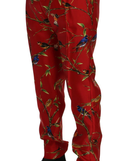 Dolce & Gabbana Red Silk Bird Print Dress Pants