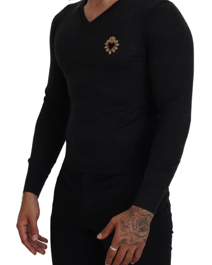 Dolce & Gabbana Gray Cashmere V-neck Gold Heart Sweater
