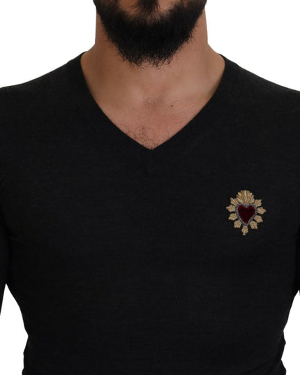 Dolce & Gabbana Gray Cashmere V-neck Gold Heart Sweater