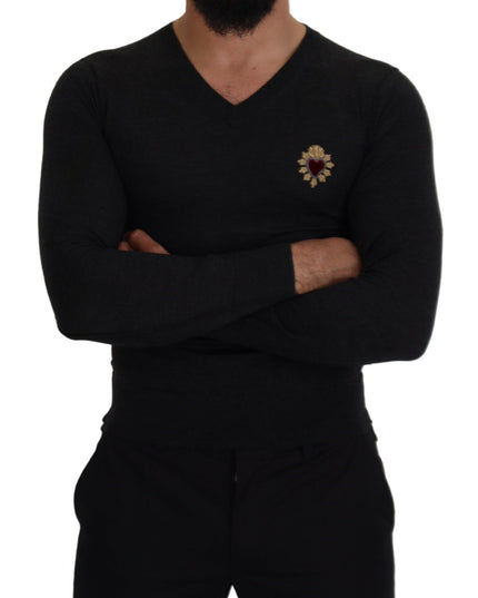 Dolce & Gabbana Gray Cashmere V-neck Gold Heart Sweater