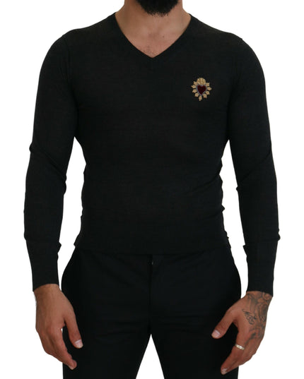 Dolce & Gabbana Gray Cashmere V-neck Gold Heart Sweater