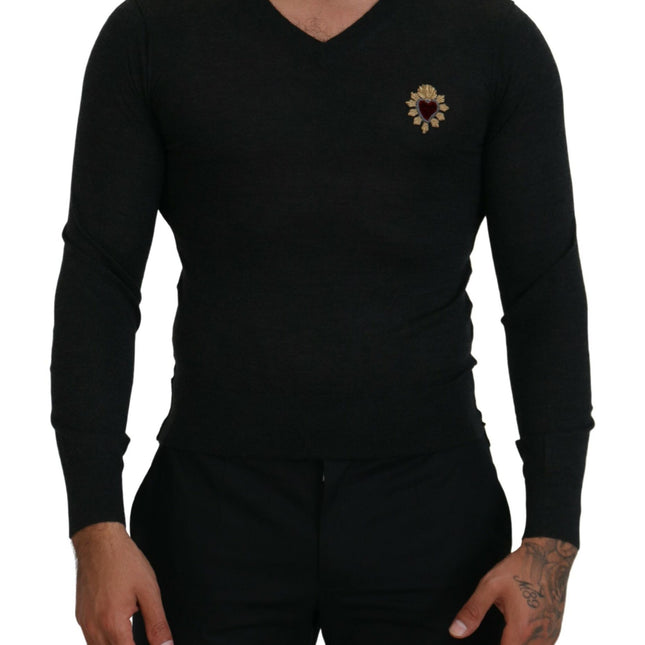 Dolce & Gabbana Gray Cashmere V-neck Gold Heart Sweater
