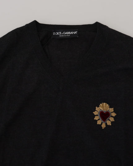 Dolce & Gabbana Gray Cashmere V-neck Gold Heart Sweater