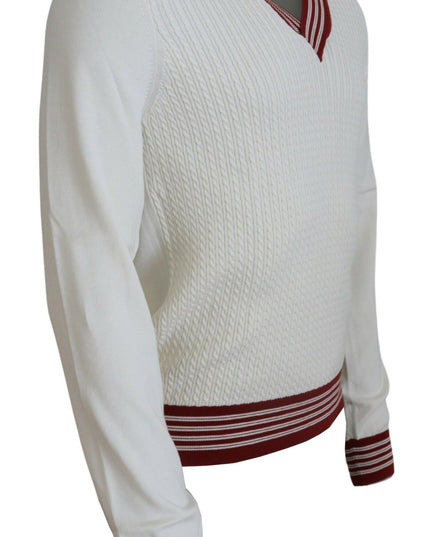 Dolce & Gabbana White Red Knitted V-neck Pullover Sweater