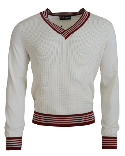 Dolce & Gabbana White Red Knitted V-neck Pullover Sweater