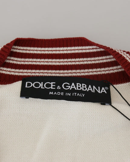 Dolce & Gabbana White Red Knitted V-neck Pullover Sweater