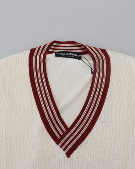 Dolce & Gabbana White Red Knitted V-neck Pullover Sweater