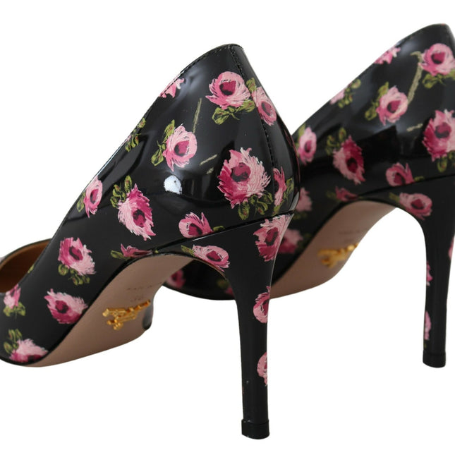 Prada Black Leather Floral Heels Stilettos Pumps
