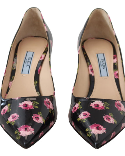 Prada Black Leather Floral Heels Stilettos Pumps