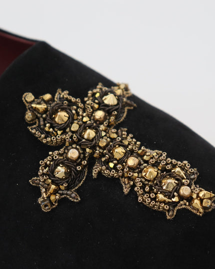 Dolce & Gabbana Black Suede Gold Cross Slip On Loafers Shoes