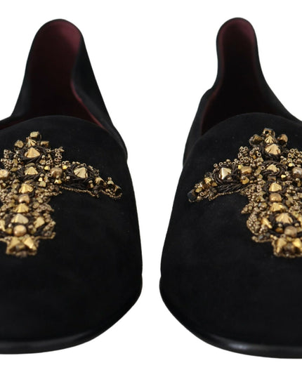 Dolce & Gabbana Black Suede Gold Cross Slip On Loafers Shoes
