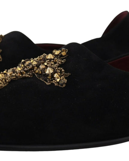 Dolce & Gabbana Black Suede Gold Cross Slip On Loafers Shoes