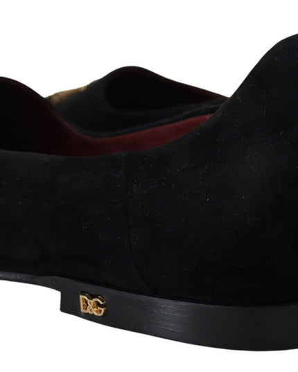 Dolce & Gabbana Black Suede Gold Cross Slip On Loafers Shoes