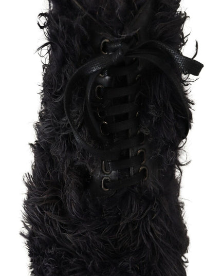 Dolce & Gabbana Black Leather Combat Shearling Boots Shoes