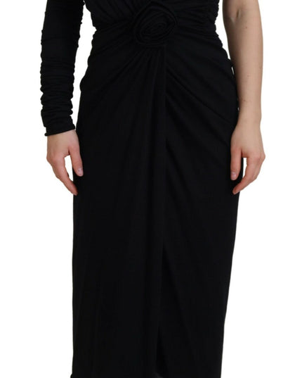 Dolce & Gabbana Black Wrap Sheath One Shoulder Wool Dress