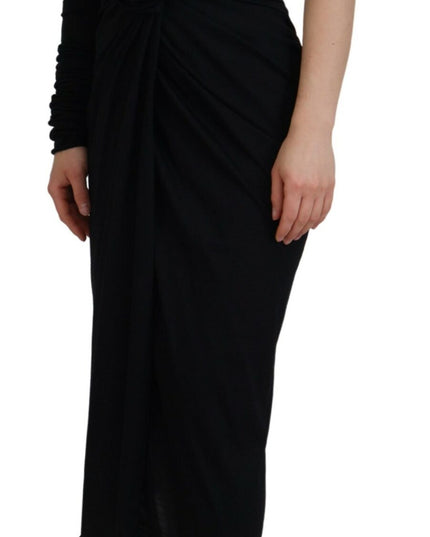 Dolce & Gabbana Black Wrap Sheath One Shoulder Wool Dress