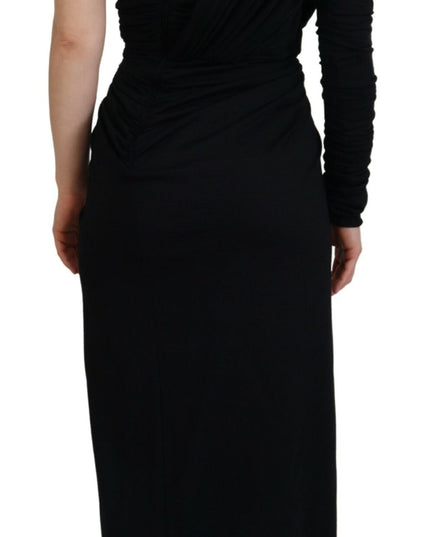 Dolce & Gabbana Black Wrap Sheath One Shoulder Wool Dress