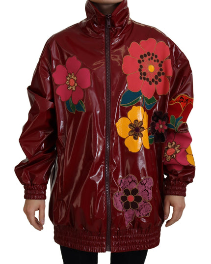 Dolce & Gabbana Maroon Floral Full Zip Polyester Women Jacket