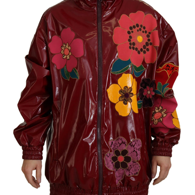Dolce & Gabbana Maroon Floral Full Zip Polyester Women Jacket