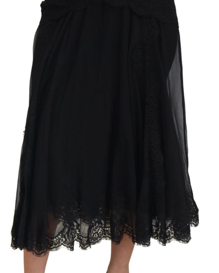 Dolce & Gabbana Black Silk Lace Trim High Waist Midi Skirt