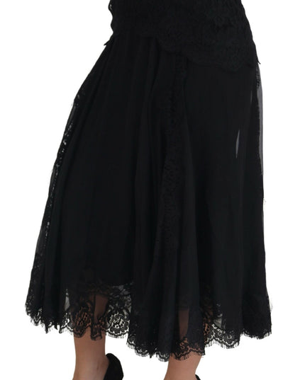 Dolce & Gabbana Black Silk Lace Trim High Waist Midi Skirt