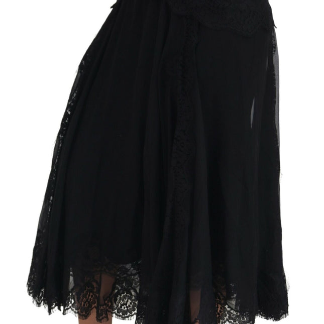 Dolce & Gabbana Black Silk Lace Trim High Waist Midi Skirt