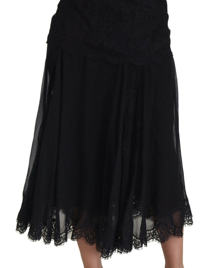 Dolce & Gabbana Black Silk Lace Trim High Waist Midi Skirt