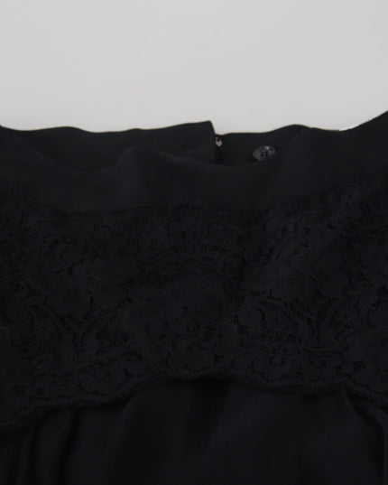 Dolce & Gabbana Black Silk Lace Trim High Waist Midi Skirt