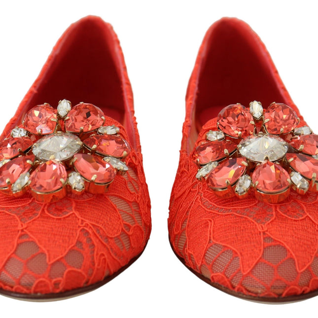 Dolce & Gabbana Red Taormina Lace Crystals Ballet Flats Shoes
